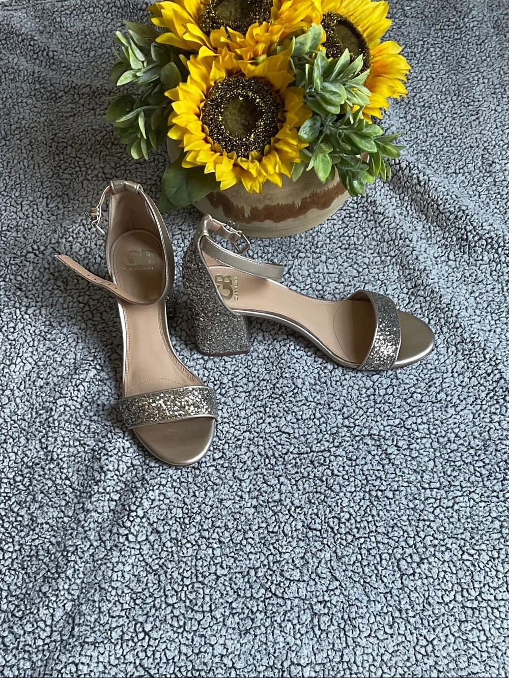 Gianni Bini Champagne Glitter Block Heel Sandals